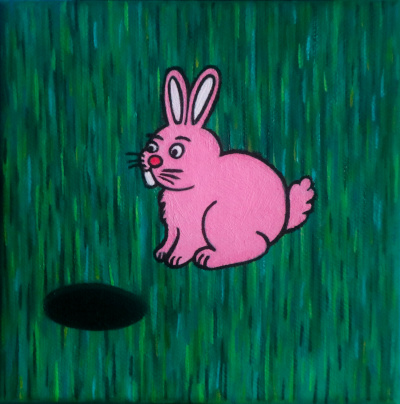 Little rabbit and rabbit hole on green meadow, pop art oil panting