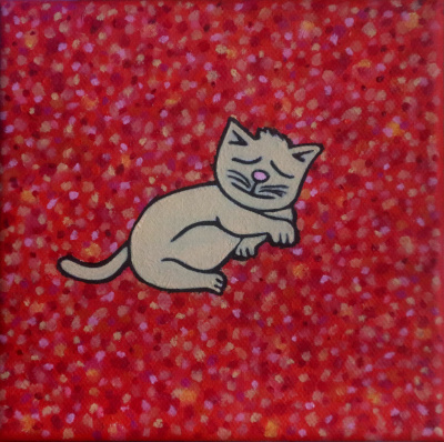 Little cat sleeping on orange speckled blanket, pop art oil panting