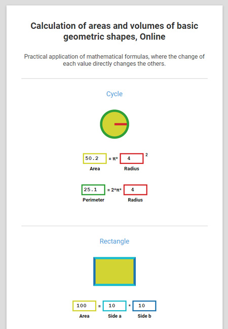 Calculation of areas and volumes of basic geometric shapes, Web App