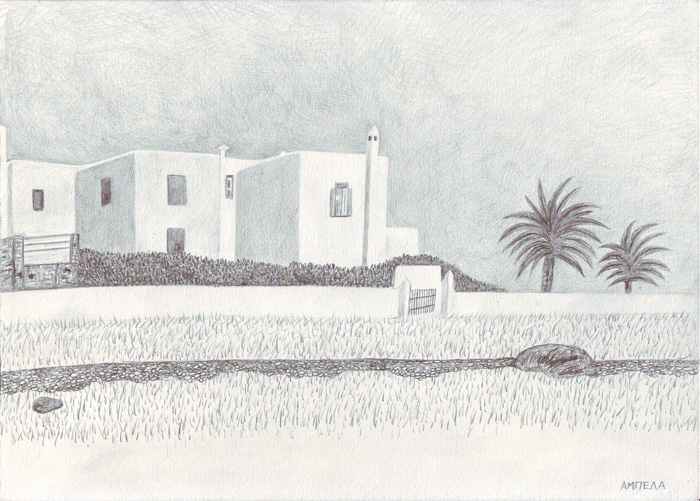 Syros island, drawings-sketches with pencil, Σπίτια στην παραλία Αμπέλα
